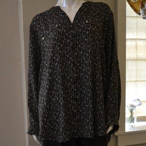 Black Blouse with White and Brown Print and Roll Sleeve Button